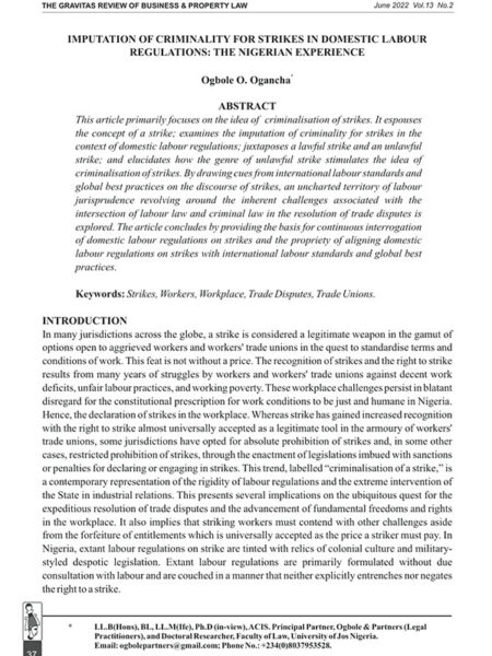 Imputation of Criminality for Strikes in Domestic Labour Regulations: The Nigerian Experience