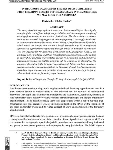 Intra-Group Loan Under the 2020 OECD Guidelines: When the Arm's Length Defies Accuracy in Measurement, We May Look for a Formula