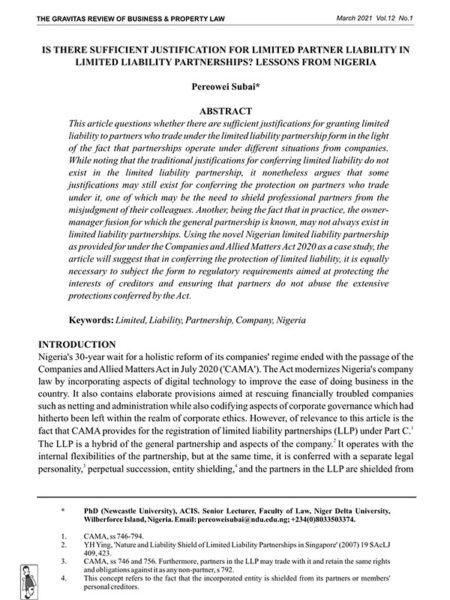 Is There Sufficient Justification for Limited Partner Liability in Limited Liability Partnerships? Lessons from Nigeria