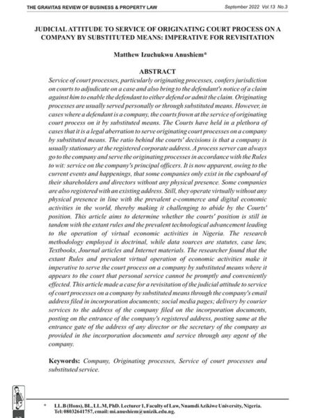 Judicial Attitude to Service of Originating Court Process on a Company by Substituted Means: Imperative for Revisitation