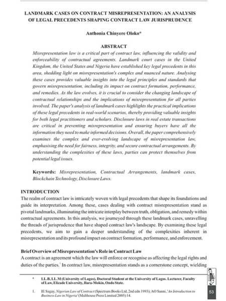 Landmark Cases on Contract Misrepresentation: An Analysis of Legal Precedents Shaping Contract Law Jurisprudence