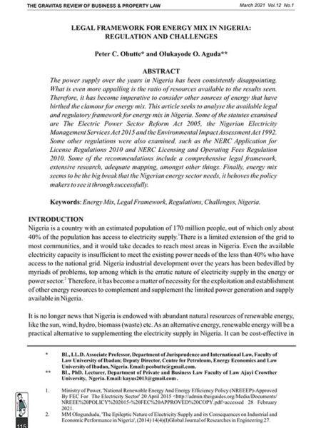 Legal Framework for Energy Mix in Nigeria: Regulation and Challenges