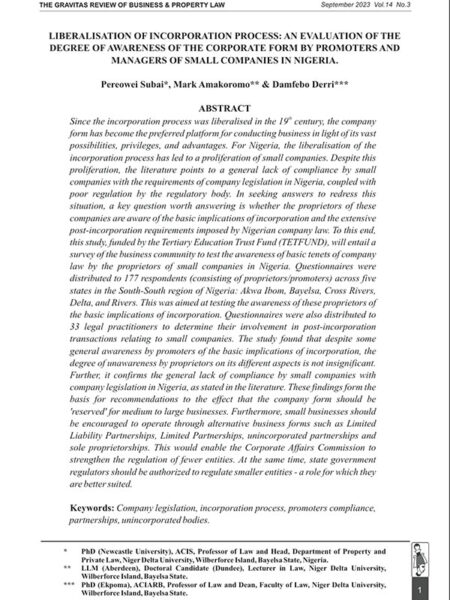 Liberalisation of Incorporation Process: An Evaluation of the Degree of Awareness of the Corporate Form by Promoters and Managers of Small Companies in Nigeria