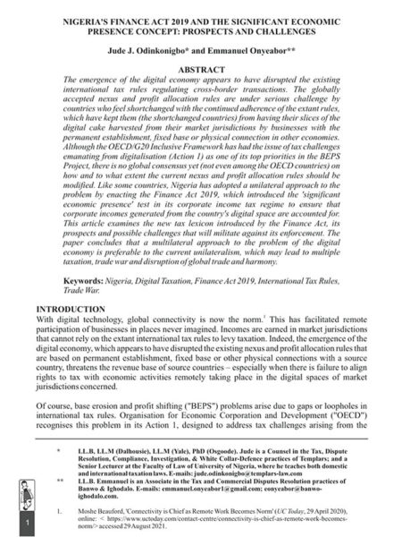 Nigeria's Finance Act 2019 and the Significant Economic Presence Concept: Prospects and Challenges