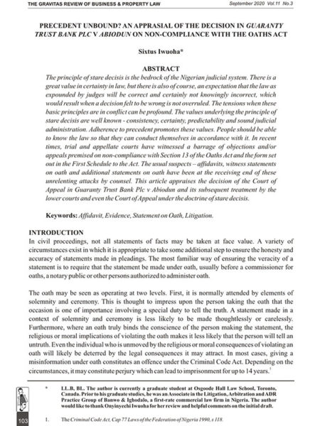 Precedent Unbound? An Appraisal of the Decision in Guaranty Trust Bank Plc V. Abiodun on Non-Compliance with the Oaths Act