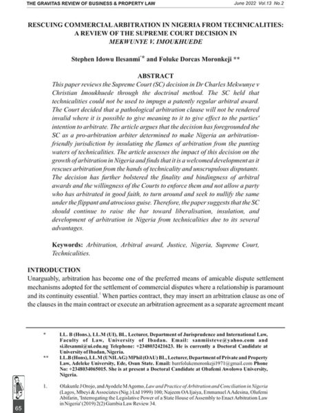 Rescuing Commercial Arbitration in Nigeria from Technicalities: A Review of the Supreme Court Decision in Mekwunye v Imoukhuede