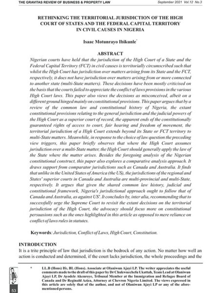 Rethinking the Territorial Jurisdiction of the High Court of States and the Federal Capital Territory in Civil Causes in Nigeria