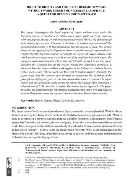 Right to Dignity and the Legal Regime of Wages Without Work Under the Nigerian Labour Act: A Quest for Human Rights Approach