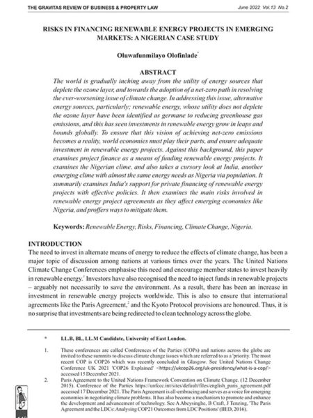 Risks in Financing Renewable Energy Projects in Emerging Markets: A Nigerian Case Study