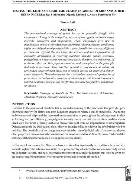 Testing the Limits of Maritime Claims in Arrest of Ship and Other Res in Nigeria: Re: Stallionaire Nigeria Limited v Acorn Petroleum Plc