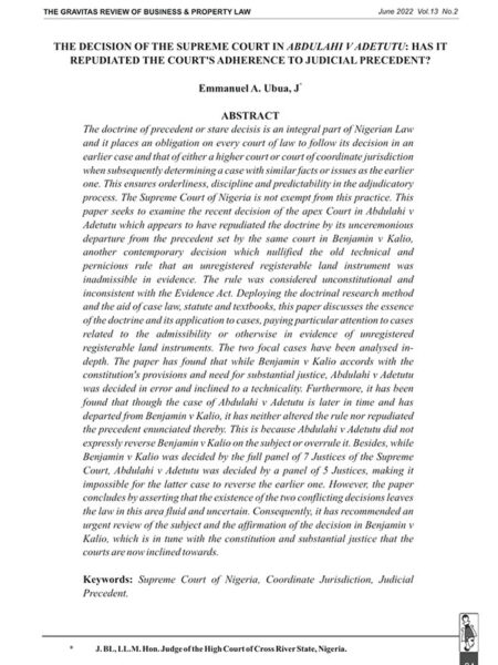 The Decision of The Supreme Court in Abdulahi v Adetutu: Has it Repudiated the Court's Adherence to Judicial Precedent?