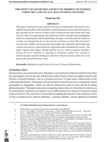 The Effect of Governor's Consent on Priority of Interest Under the Land Use Act: Has Anything Changed?