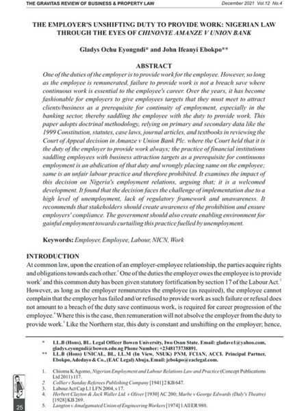 The Employer’s Unshifting Duty to Provide Work: Nigerian Law through the Eyes of Chinonye Amanze v Union Bank