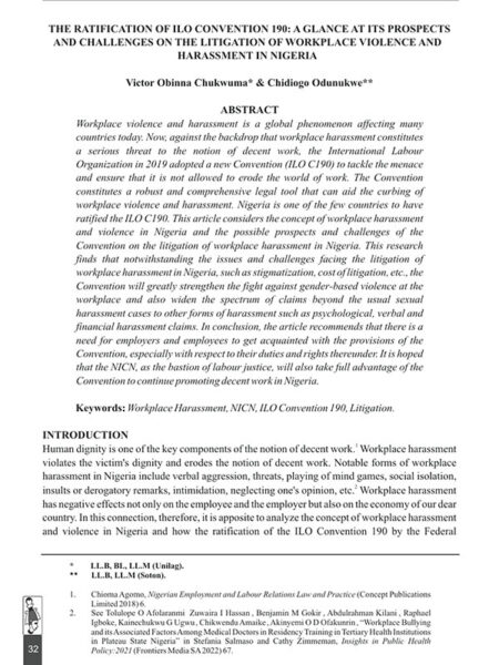 Ratification of ILO Convention 190: A Glance at its Prospects and Challenges on the Litigation of Workplace Violence and Harassment in Nigeria