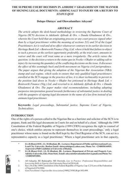 The Supreme Court Decision in Ajibode v Gbadamosi on the Manner of Signing Legal Documents: Adding Salt to Injury or a Return to Status Quo