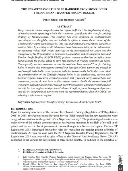 The Unsafeness of the Safe Harbour Provisions Under the Nigerian Transfer Pricing Regime
