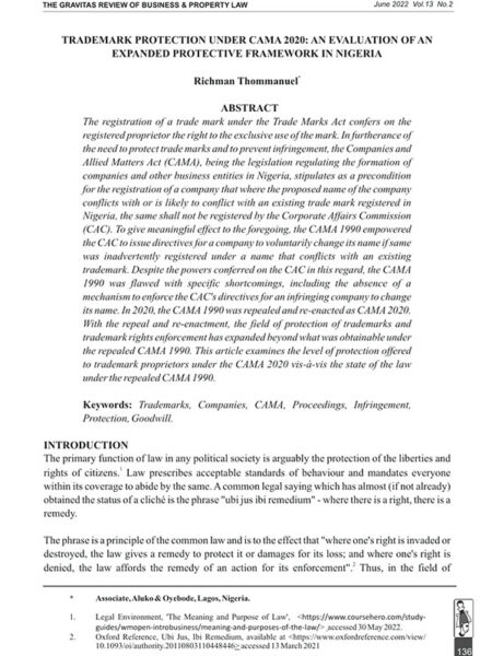 Trademark Protection Under the Companies and Allied Matters Act 2020: An Evaluation of an Expanded Protective Framework in Nigeria