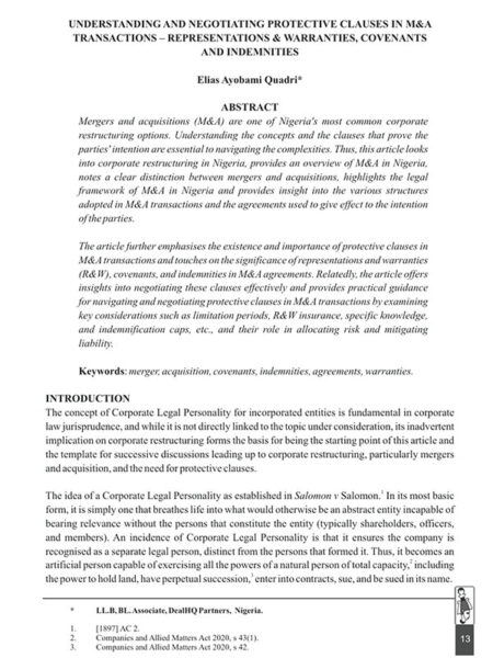 Understanding and Negotiating Protective Clauses in M&A Transactions - Representations & Warranties, Covenants & Indemnities