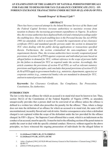 An Examination of the Liability of Natural Persons/Individuals for Failure to Demand for Tax Clearance Certificate (TCC) on Foreign Exchange Transactions under Section 85 (2) and (9) of PITA