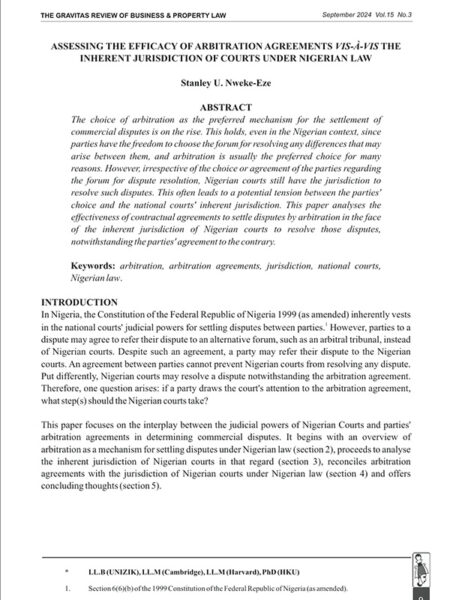 Situating the Efficacy of Arbitration Agreements Vis-à-Vis the Inherent Jurisdiction of National Courts under Nigerian Law