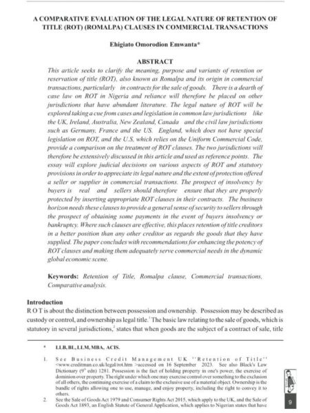 A Comparative Evaluation of the Legal Nature of Retention of Title (ROT) (ROMALPA) Clauses in Commercial Transactions