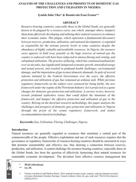 Analysis of the Challenges and Prospects of Domestic Gas Protection and Utilisation in Nigeria