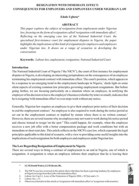 Resignation with Immediate Effect: Consequences for Employers and Employees under Nigerian Law
