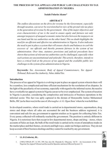 The Process of Tax Appeals and Public Law Challenges to Tax Administration in Nigeria