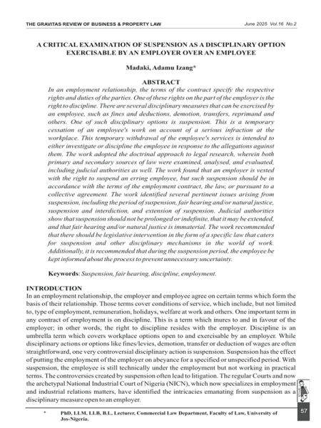A Critical Examination of Suspension as a Disciplinary Option Exercisable by an Employer over an Employee