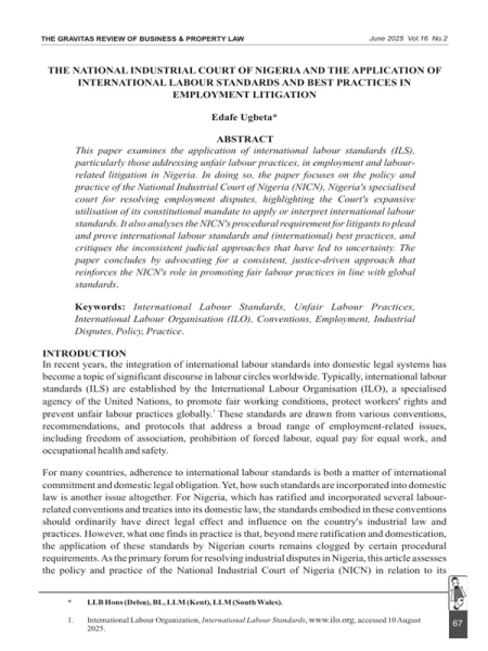 The National Industrial Court of Nigeria and the Application of International Labour Standards and Best Practices in Employment Litigation