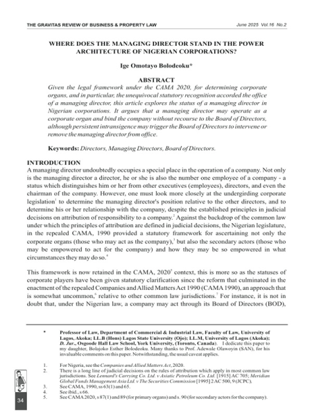 Where Does the Managing Director Stand in the Power Architecture of Nigerian Corporations