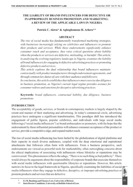 The Liability of Brand Influencing for Defective or Inappropriate Business Promotion and Marketing: A Review of the Applicable Laws in Nigeria