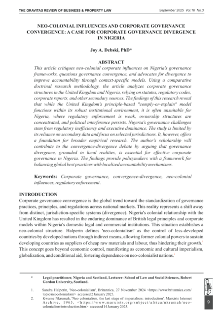 Neo-Colonial Influences and Corporate Governance Emergence A Case for Corporate Governance Divergence