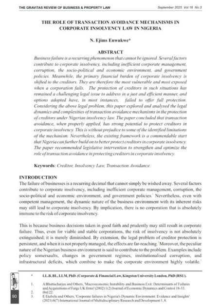 The Role of Transaction Avoidance Mechanisms in Corporate Insolvency Law in Nigeria