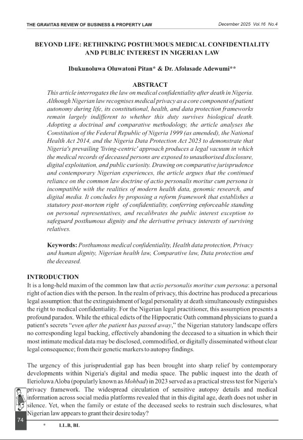 Beyond Life: Rethinking Posthumous Medical Confidentiality and Public Interest in Nigerian Law