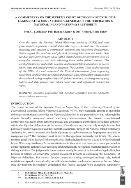 A Commentary on the Supreme court Decision in SC/CV/541/2025: Lagos State & Ors V. Attorney General of the Federation & National Inland Waterways Authority