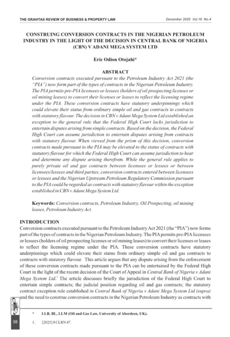 Construing Conversion Contracts in the Nigerian Petroleum Industry in the Light of the Decision in Central Bank of Nigeria (CBN) V. Adani Mega System Ltd: Jurisdiction of the Federal High Court to Entertain Disputes Arising From Statutory Contracts