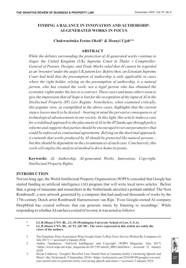 Finding a Balance in Innovation and Authorship: AI-Generated Works in Focus