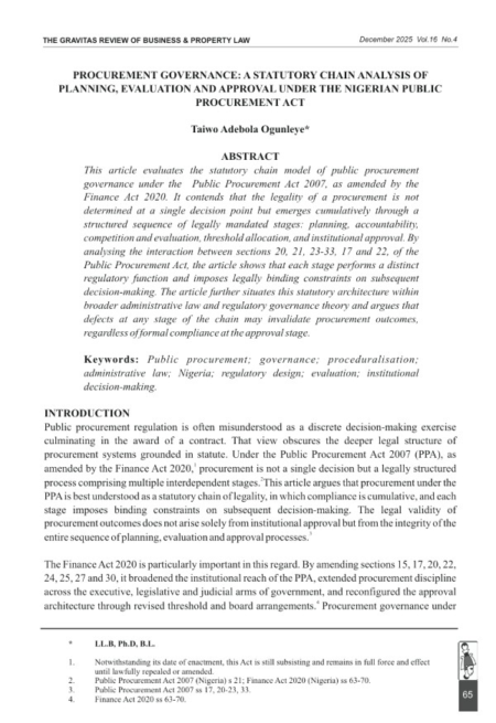Procurement Governance: A Statutory Chain Analysis of Planning, Evaluation and Approval under the Nigerian Public Procurement Act
