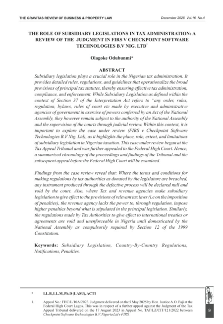 The Role of Subsidiary Legislation in Tax Administration: A Review of the Judgment in FIRS V. Checkpoint Software Technologies B.V. Nig. Ltd